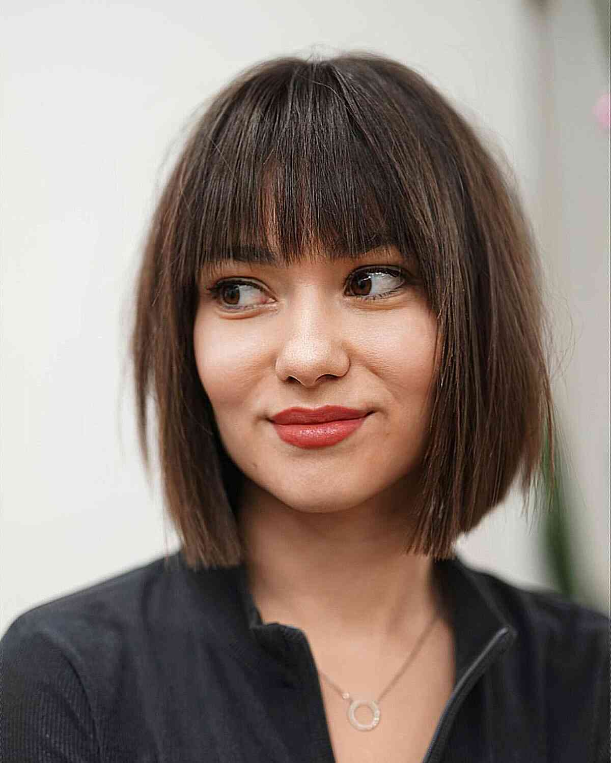 Neck-Length Precision Blunt Bob Cut with Full Bangs