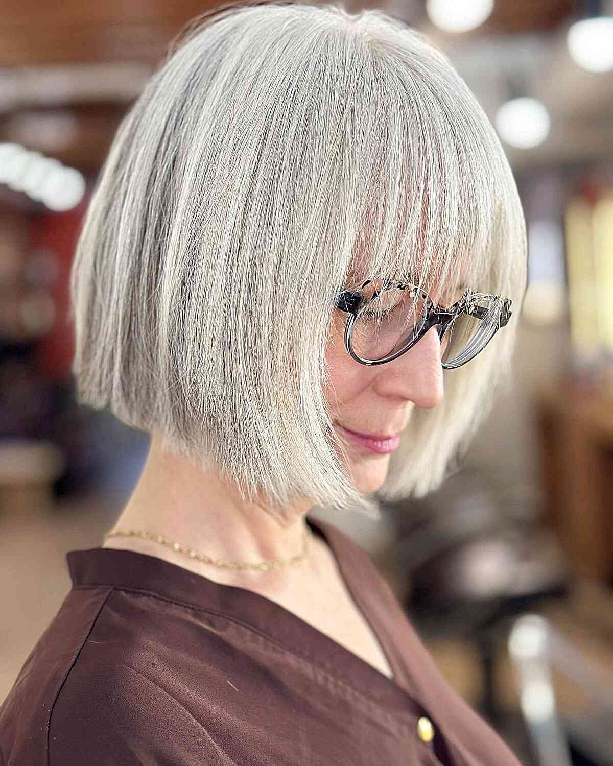 One-Length Jagged Contoured French Bob for older women with glasses