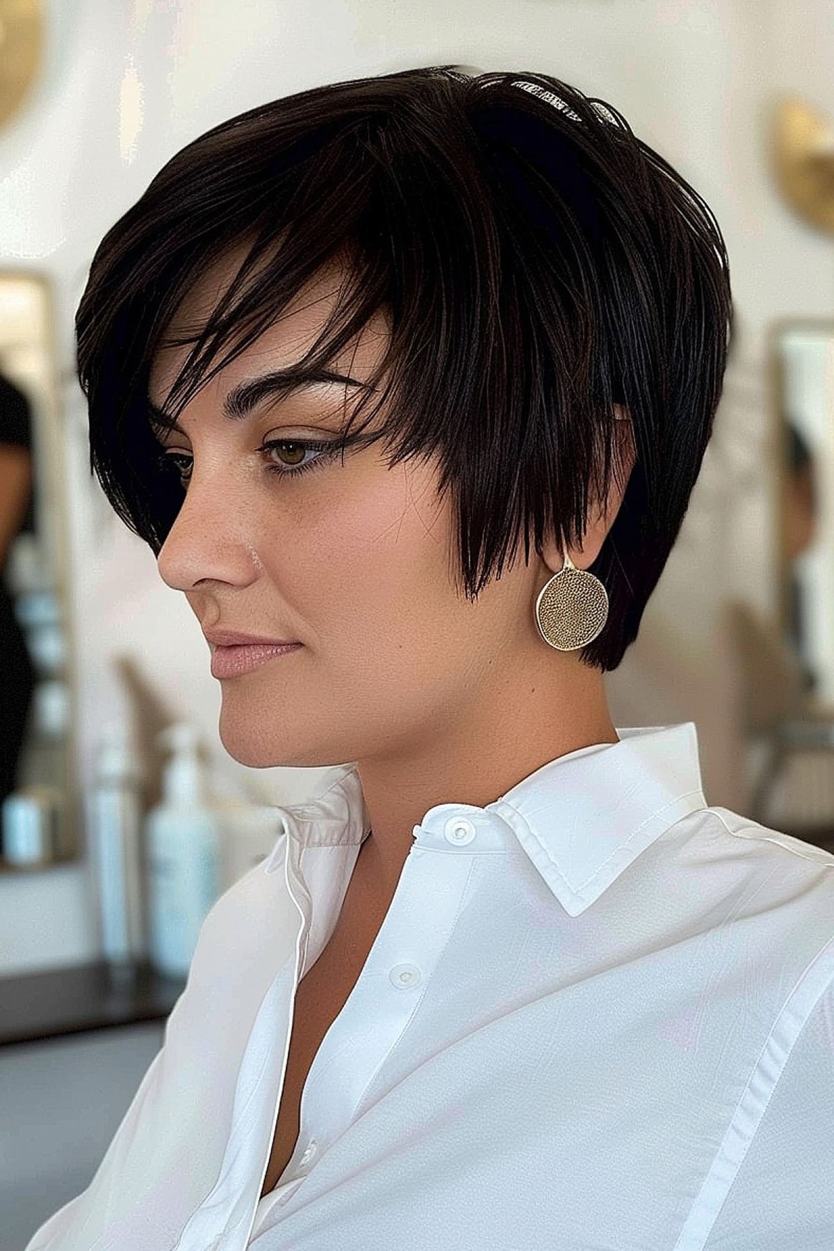 Pixie hairstyle with jet-black, textured layers and sideburns