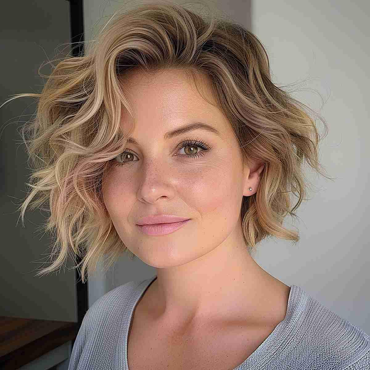 Rooted and Blonde Asymmetrical Bob with Beachy Waves