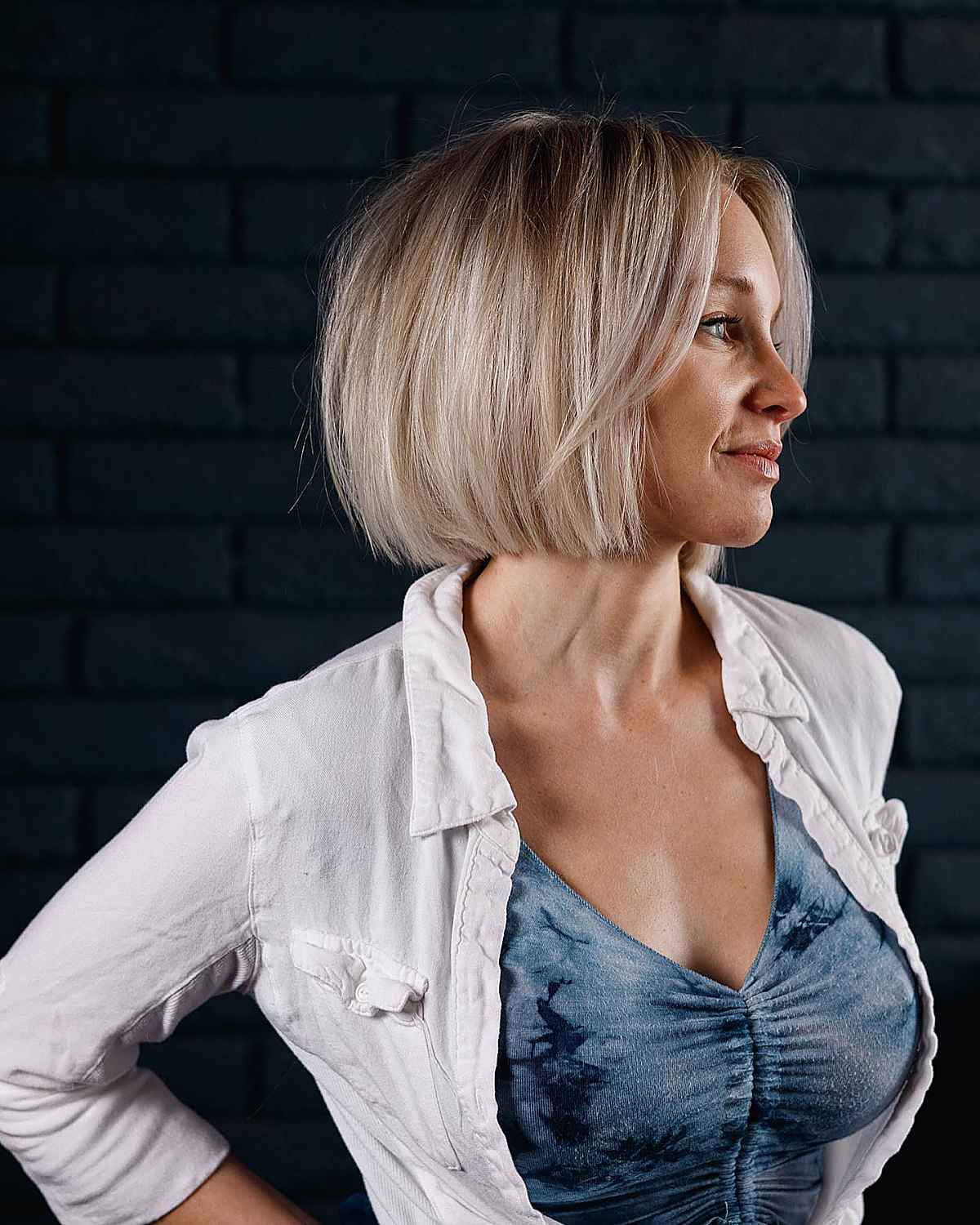 Sexist one-length short blonde bob