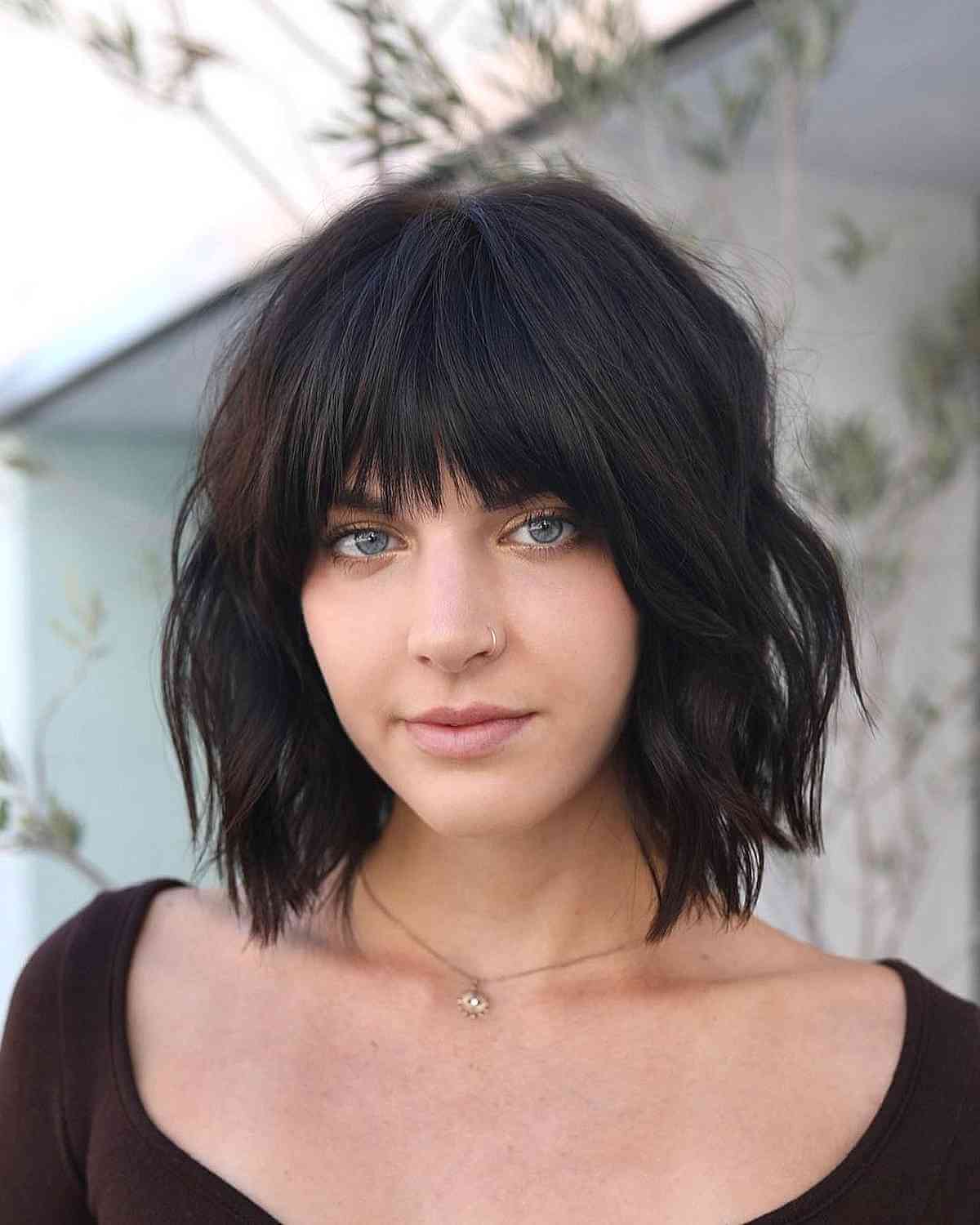 Sexy Black Choppy Textured Bob with Fringe