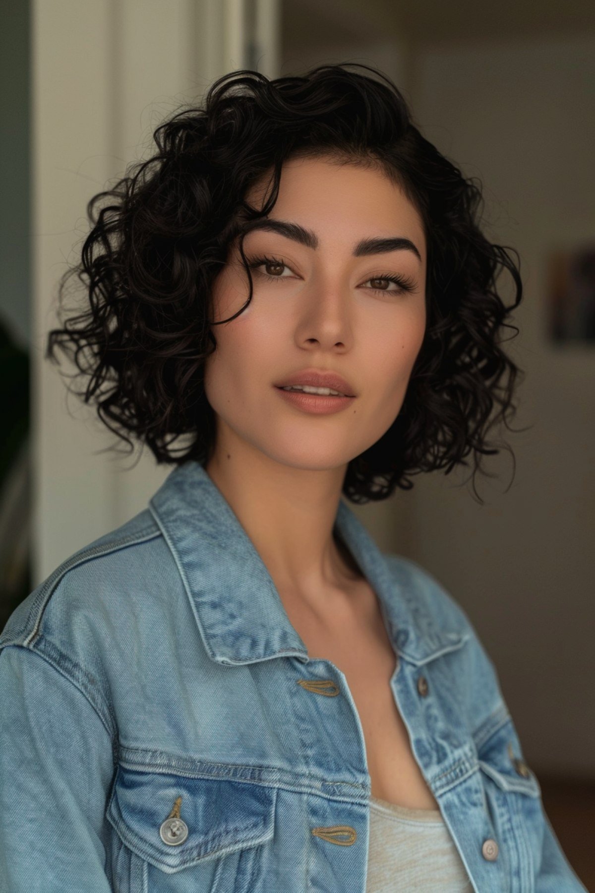 Short Above Shoulder Curly Bob with Dark Color