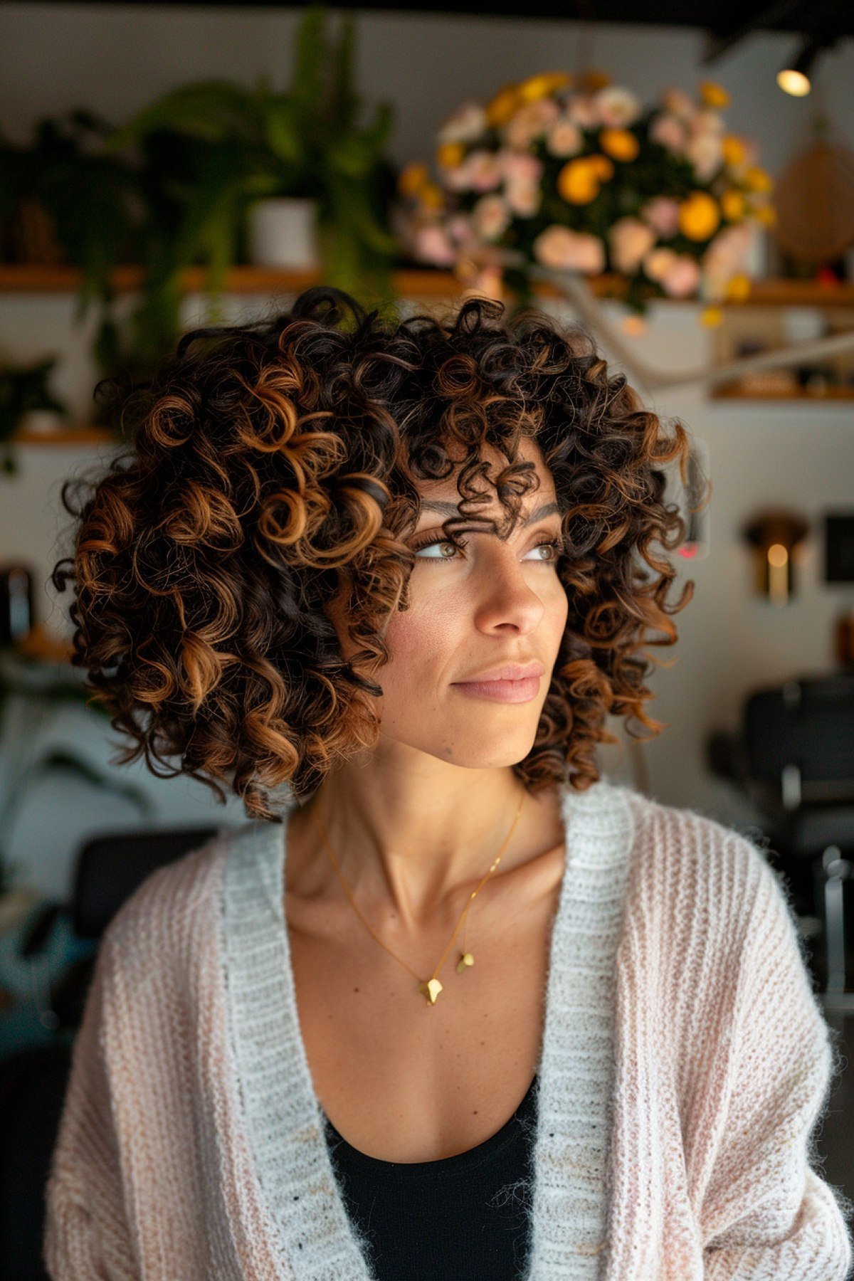 Short Curly Bob with Caramel Balayage Highlights