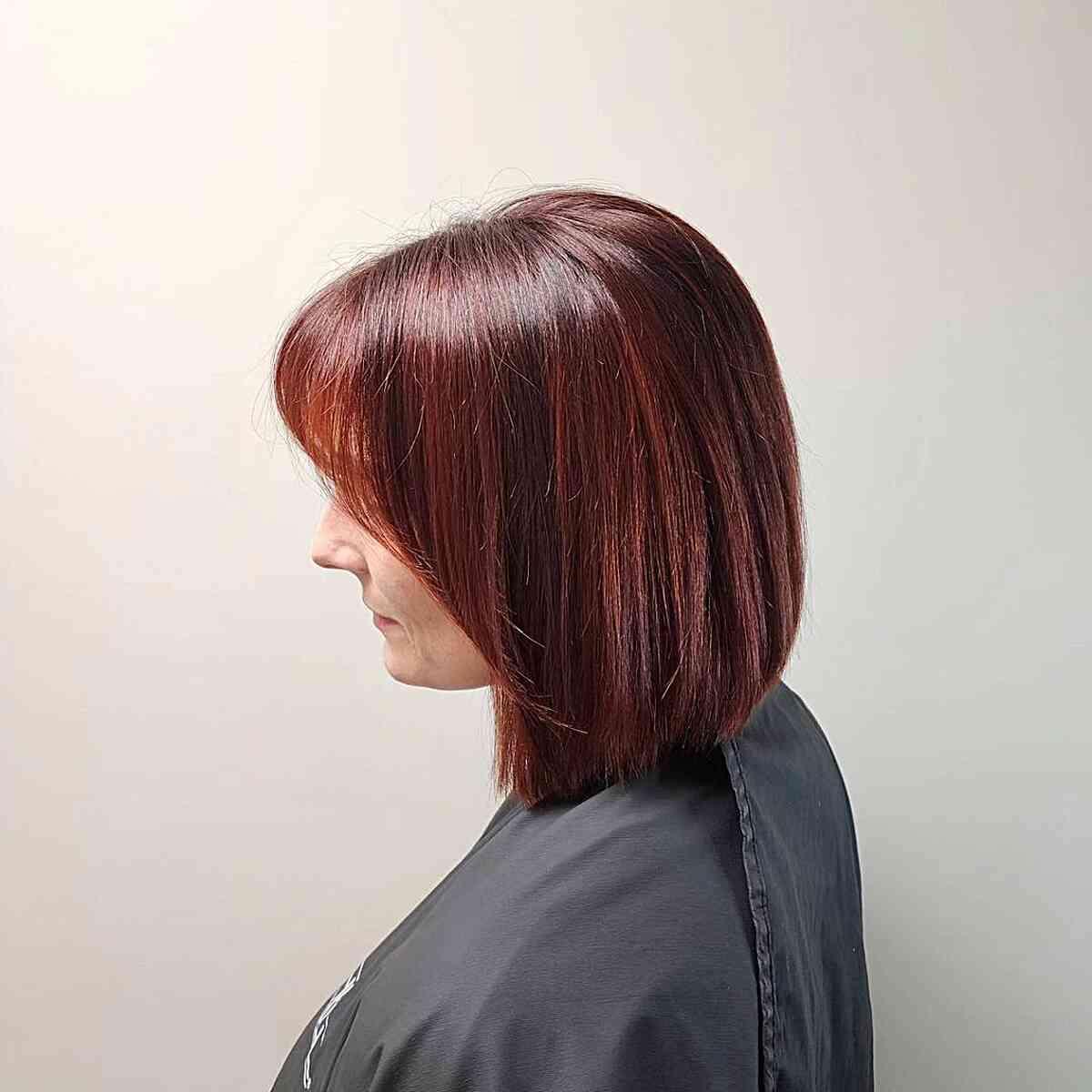 Short Sleek Copper Red Italian Bob with Side Fringe