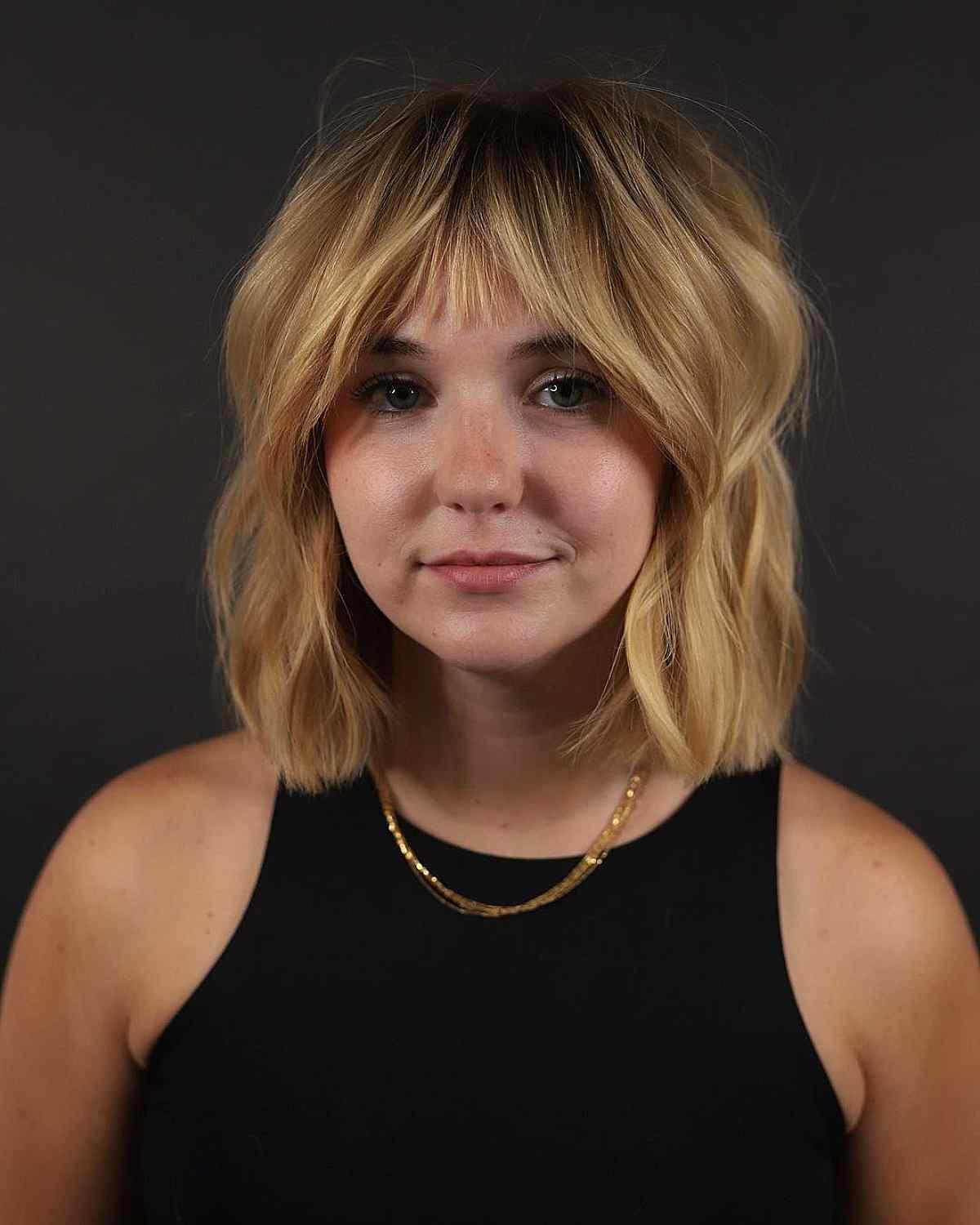 Shoulder-Length Blonde Lob with Choppy Short Fringe