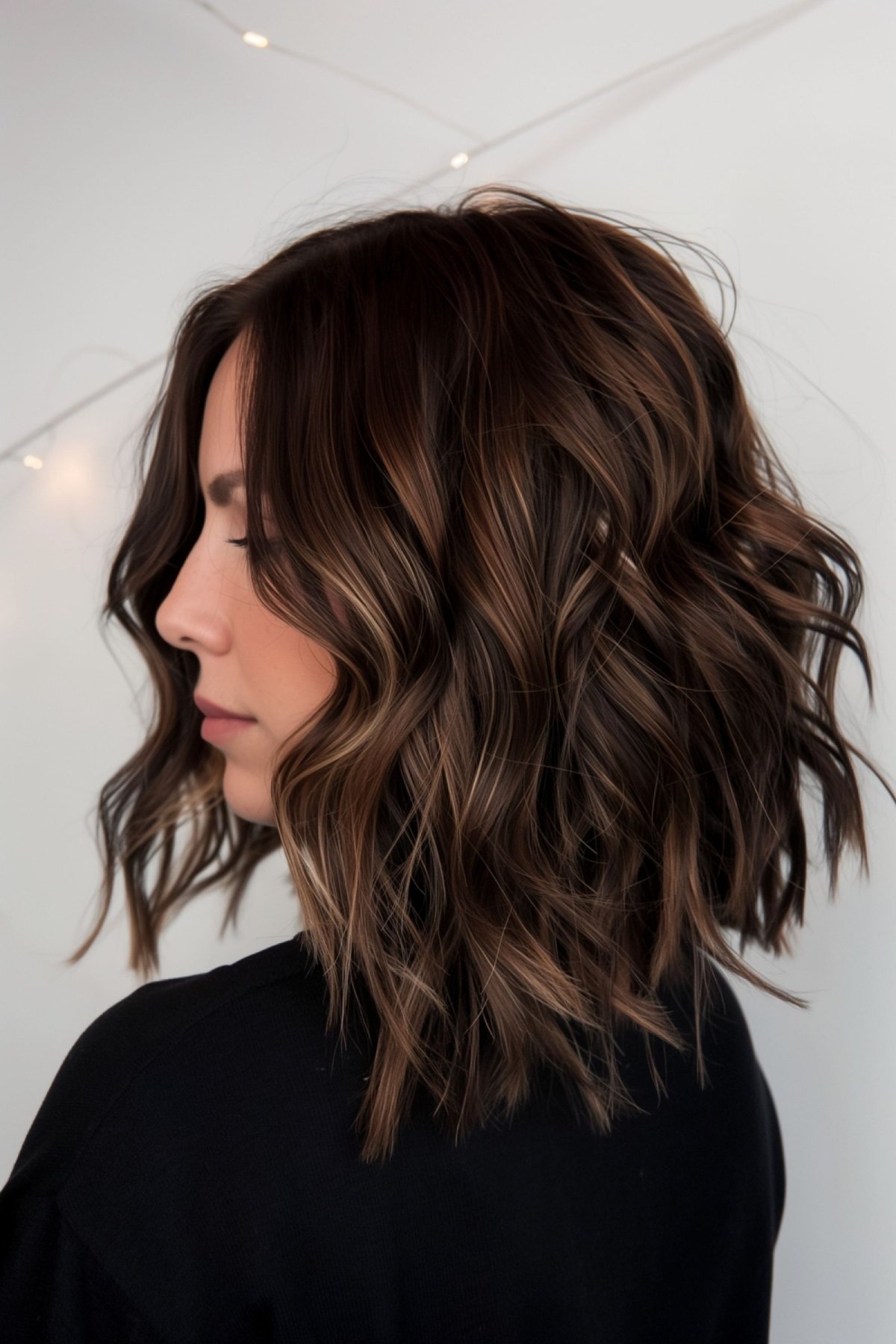 Shoulder-length dark brown bob with natural waves and subtle highlights