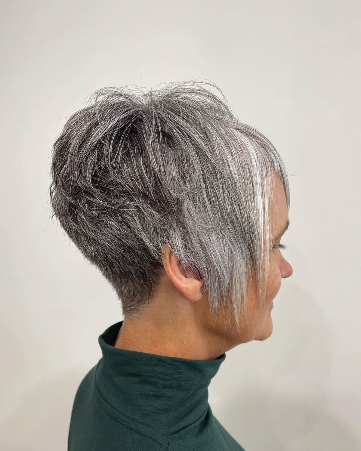 Silver long pixie for older women