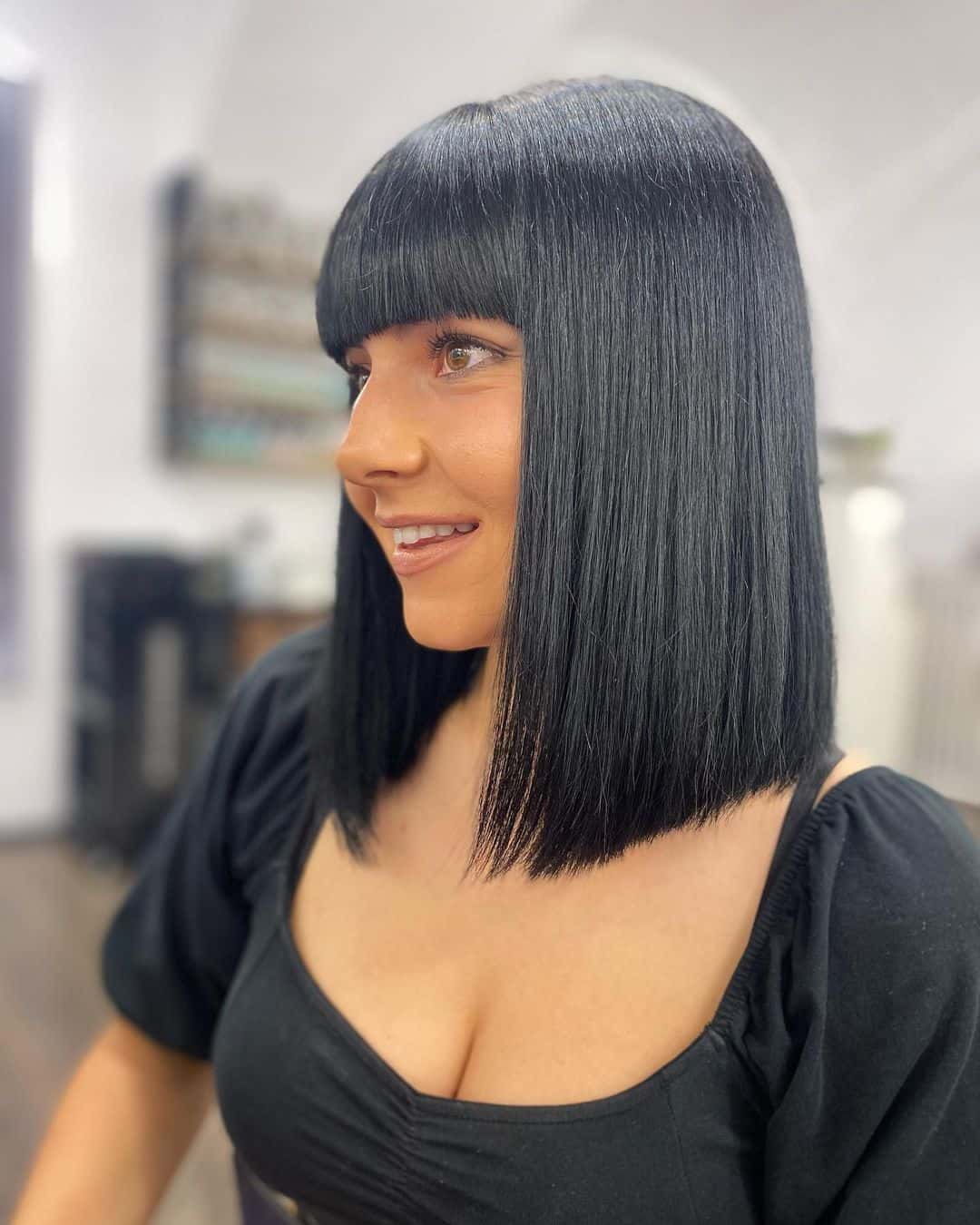 Sleek long bob hair with Blunt Bangs