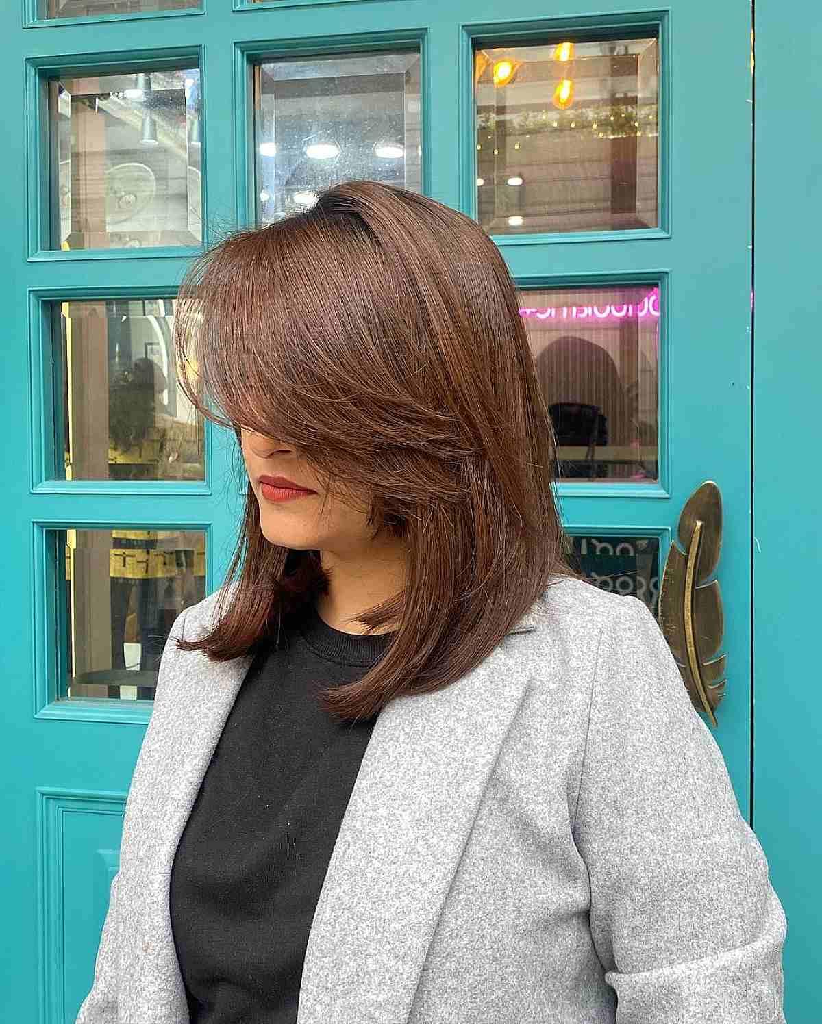 Stylish Long Layered Bob with Side Bangs