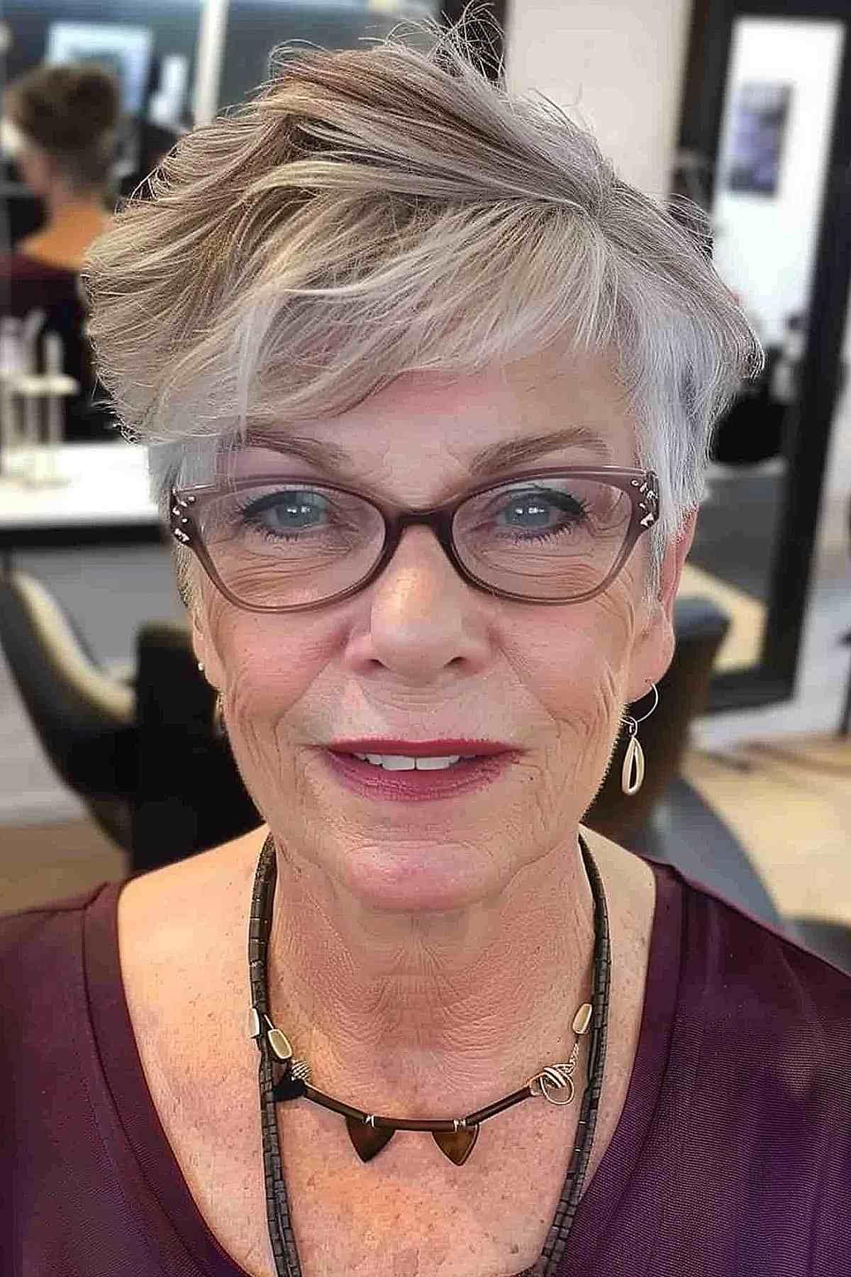 Stylish pixie cut for women over 60 with side-swept bangs and soft layers.