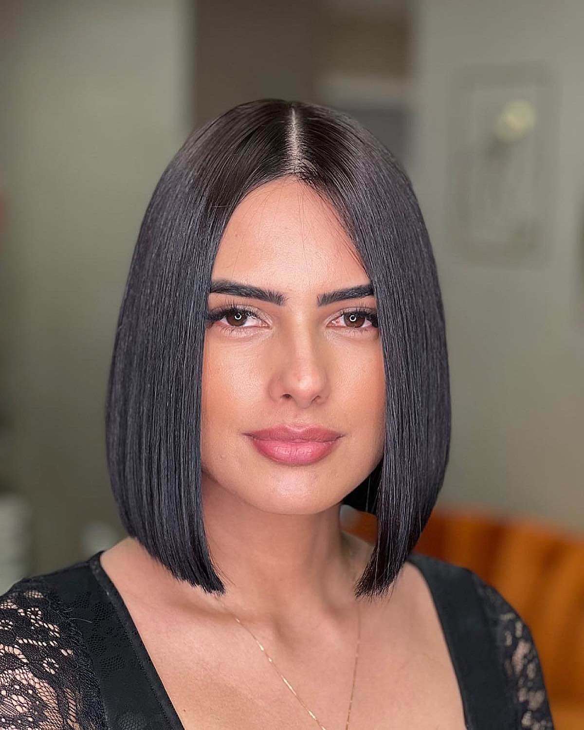 super straight brown mid-length bob