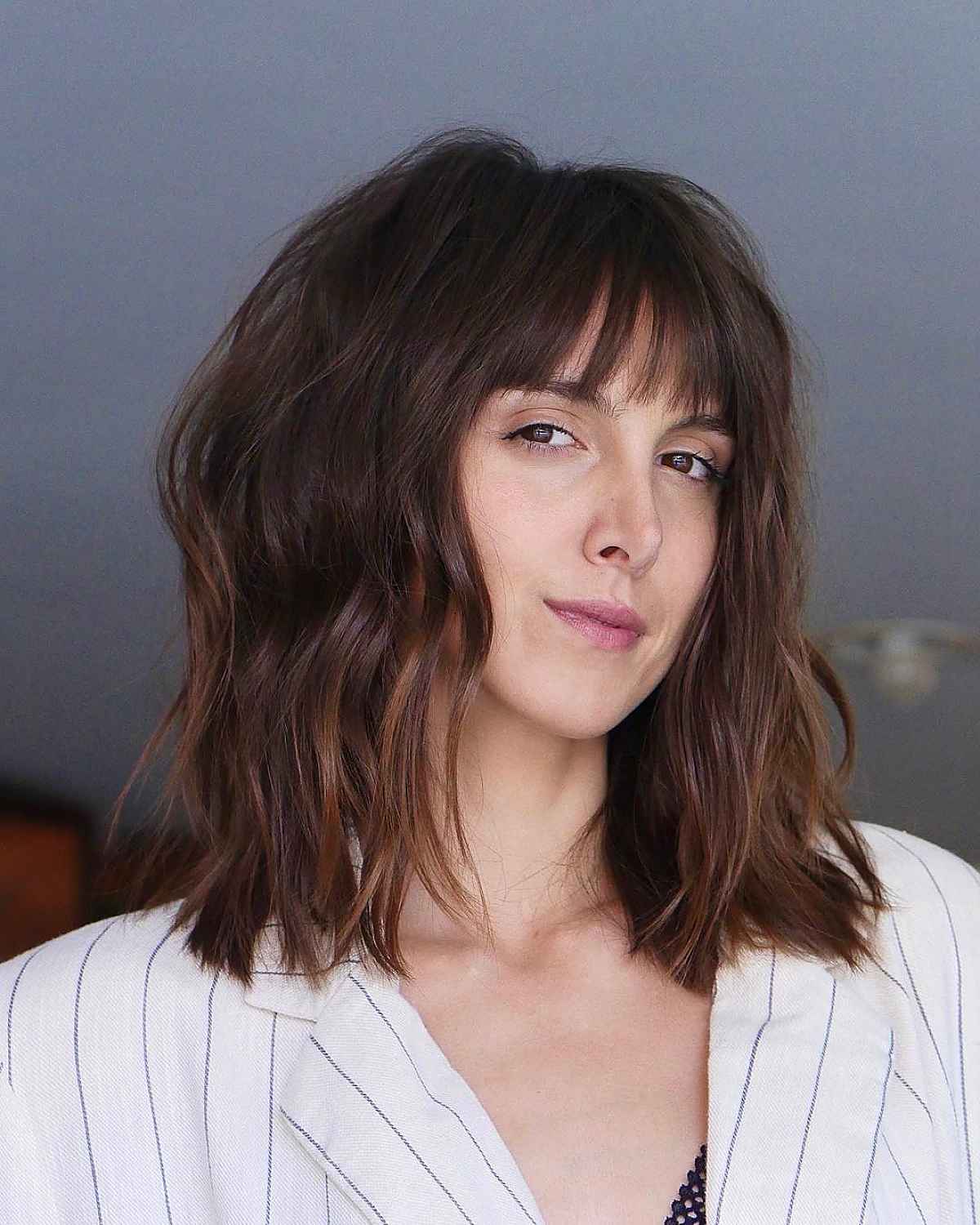 textured long bob with see-through bangs