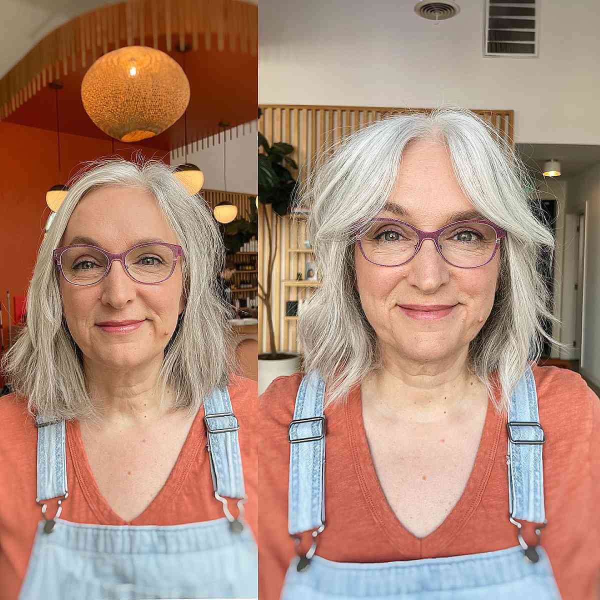 Textured Tousled Gray Lob Hair with a Center Part