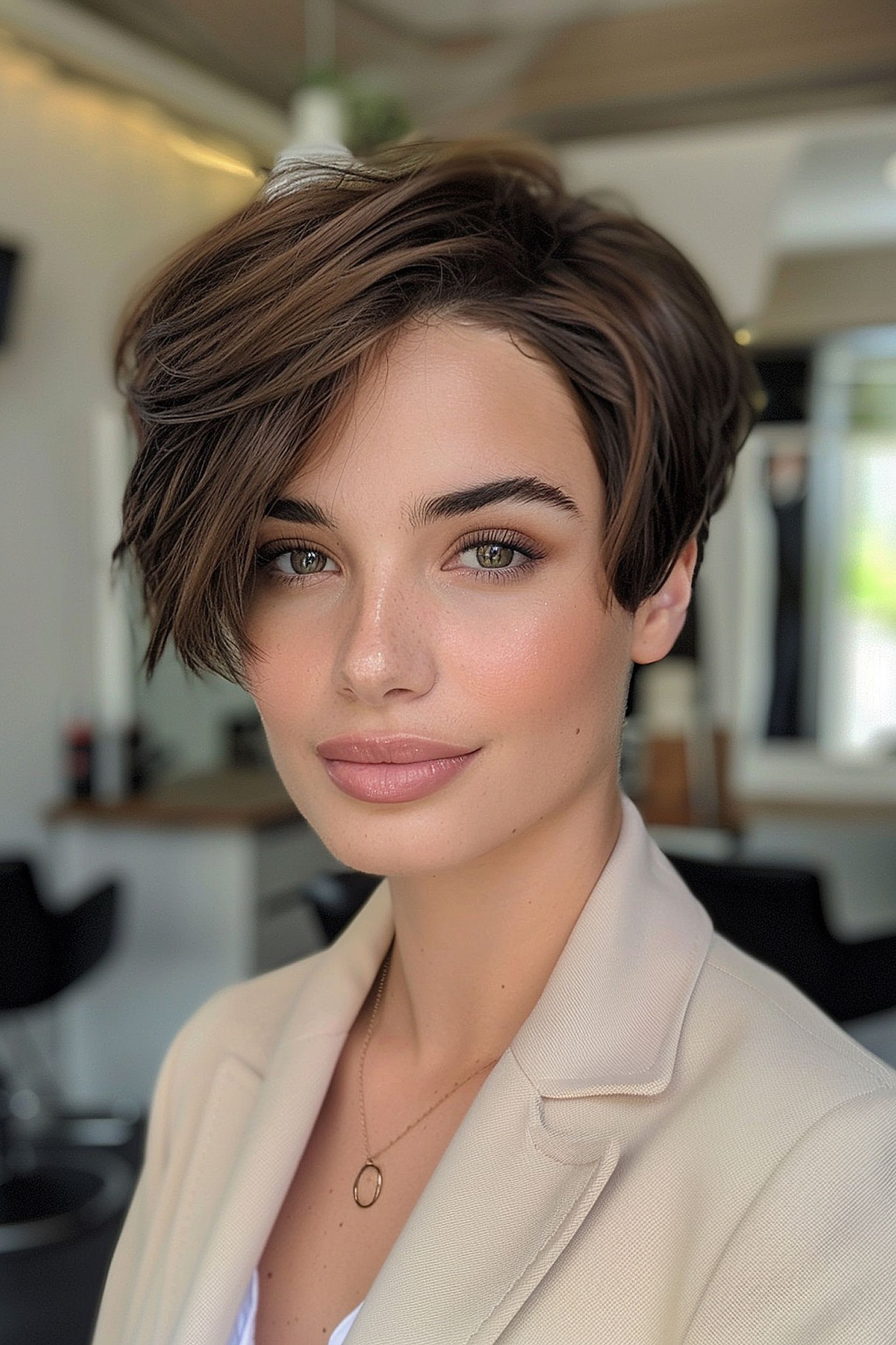 Tousled brunette pixie bob for thick hair with soft layers