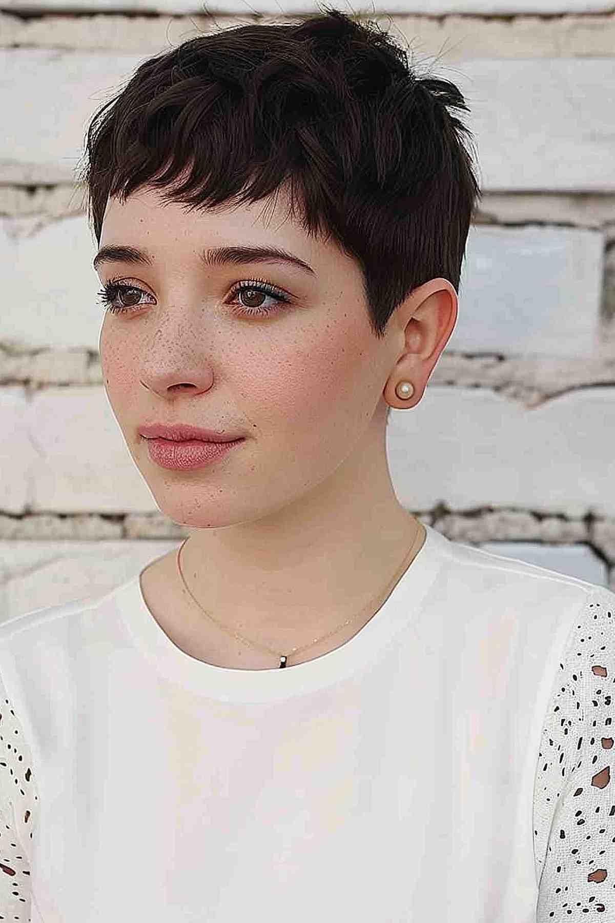 very short pixie with micro side bangs