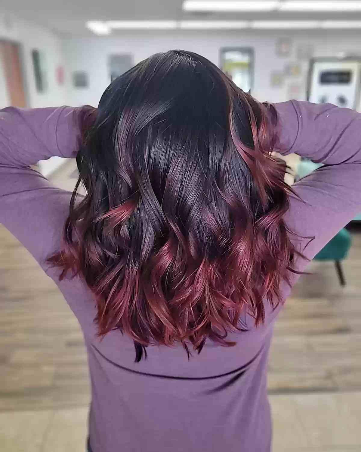 Vibrant Burgundy Balayage Hair Ends for Medium Black Hair