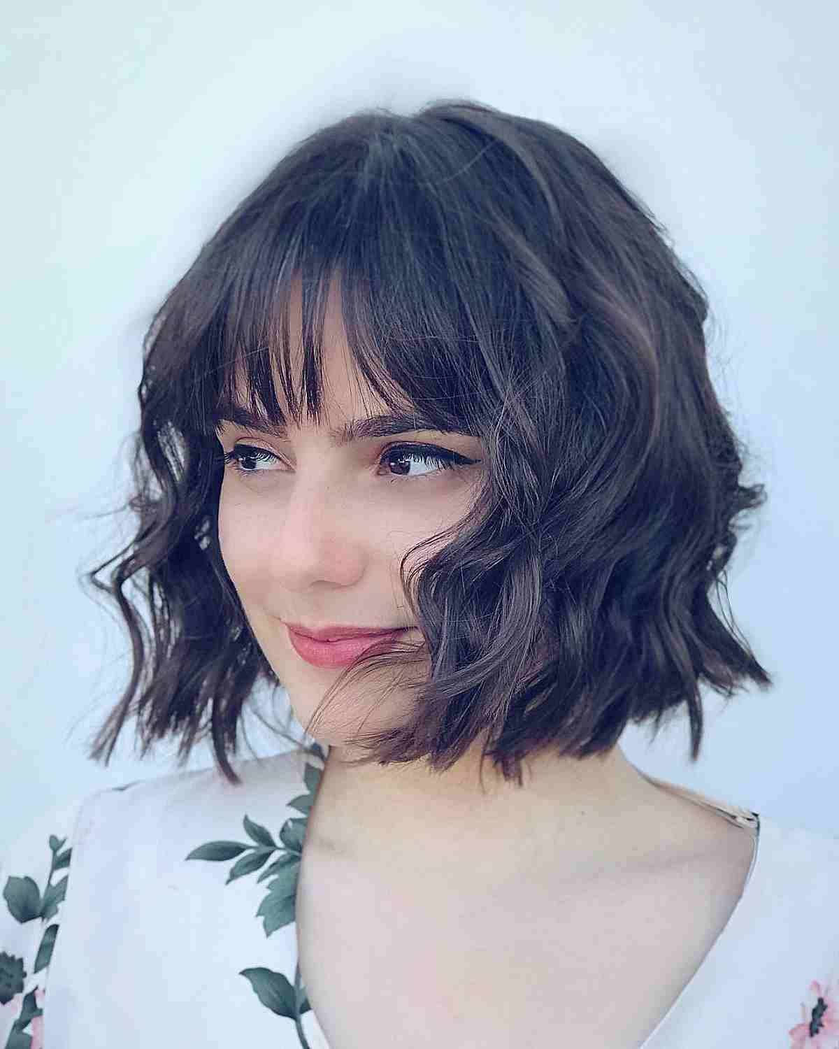 Wavy Chin-Length Bob with Wispy Bangs