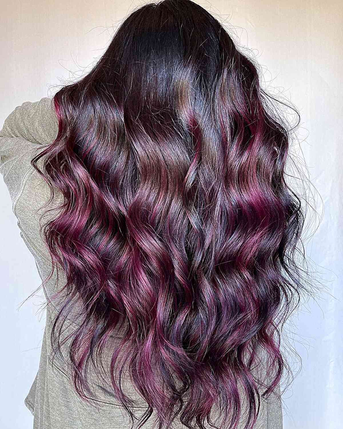 Wavy Layers with Dark Purple Burgundy Accents for Long, Dark Hair