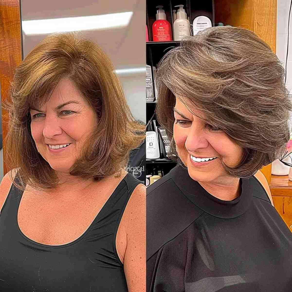 Woman with a dynamic feathered layered bob for thick hair showcasing volume and movement.