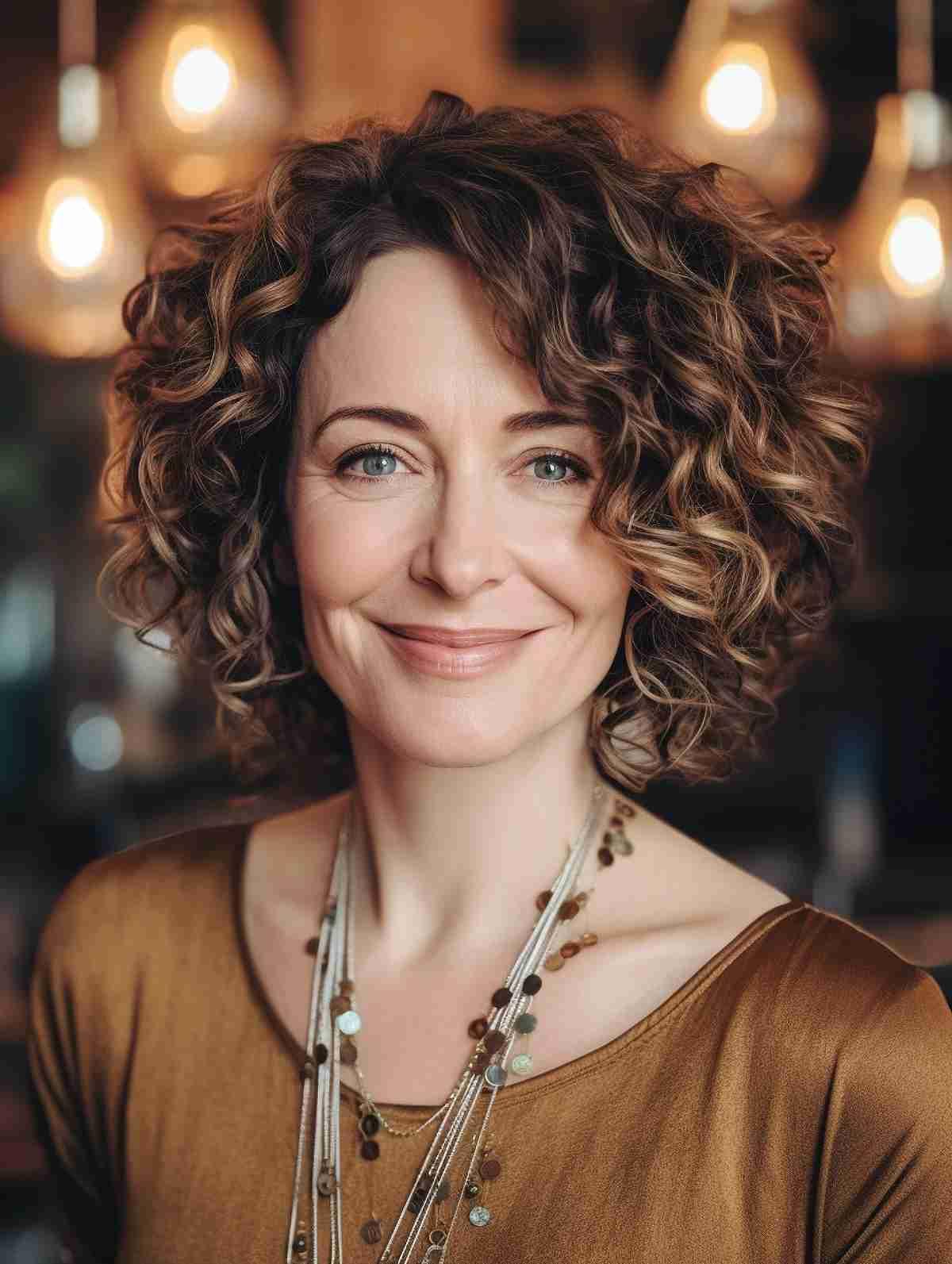 Woman with a neck-length curly bob haircut and long bangs