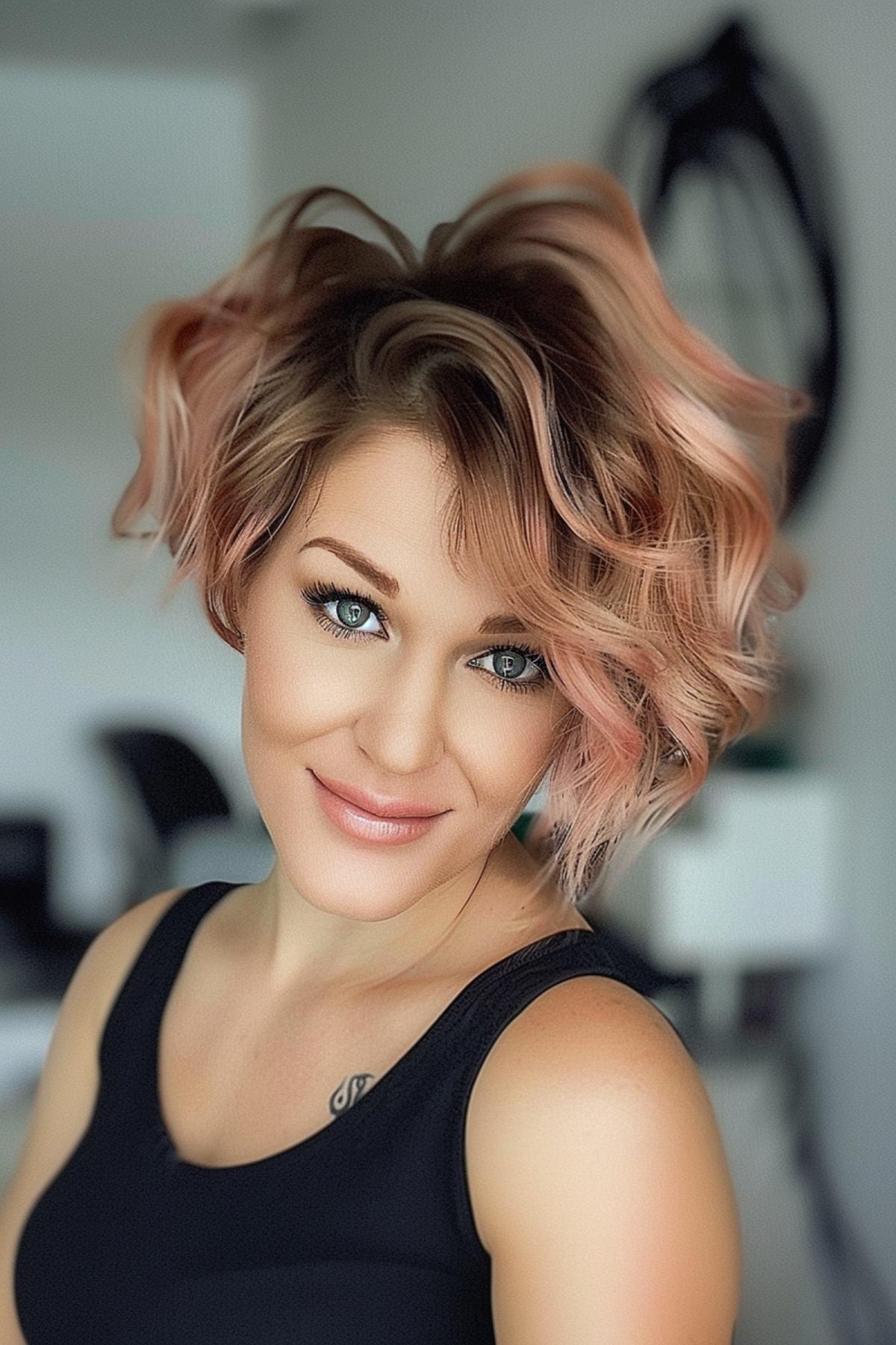 Woman with short wavy rose gold ombre asymmetrical bob