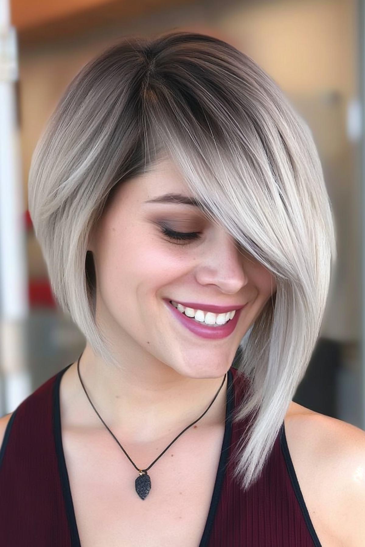 Woman with sleek asymmetrical bob and balayage highlights