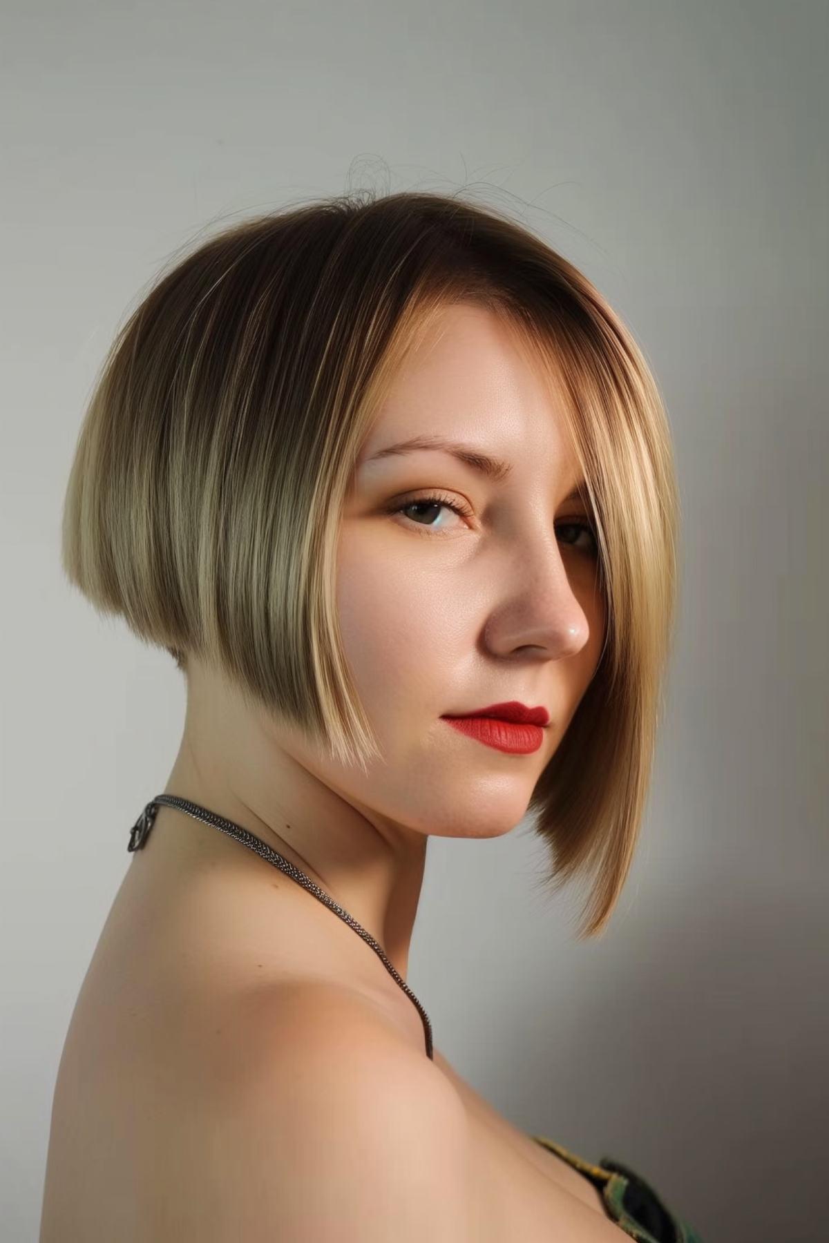 Woman with sleek asymmetrical bob with subtle gradient