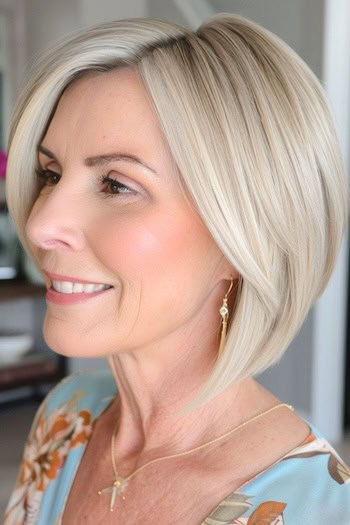 Angled Bob Hairstyle on a smiling woman with fine blonde hair, side view.