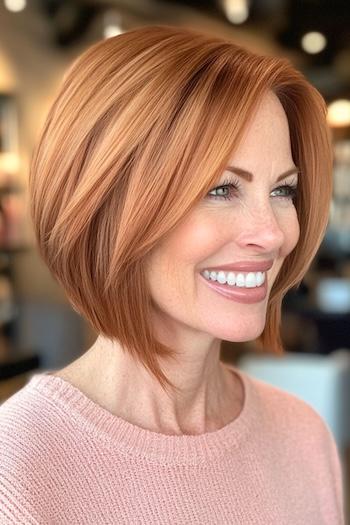 Angled Bob with Razored Ends Haircut on a smiling woman with copper hair, side view.