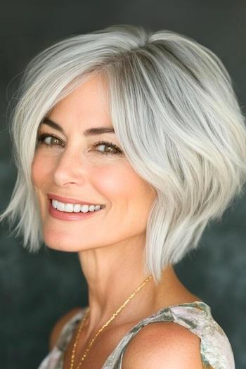 Angled Choppy Bob Hairstyle on a smiling older woman with gray hair.