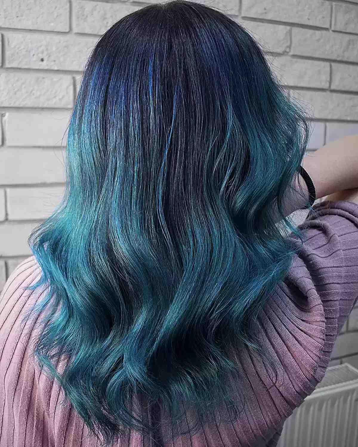 Aqua Blue Balayage Tones for Medium-Length Dark Hair