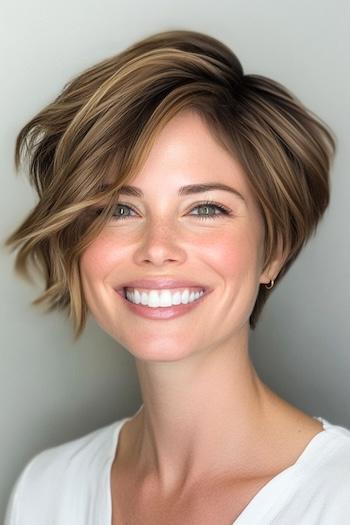 Asymmetrical Pixie Haircut on a smiling woman with brown hair.