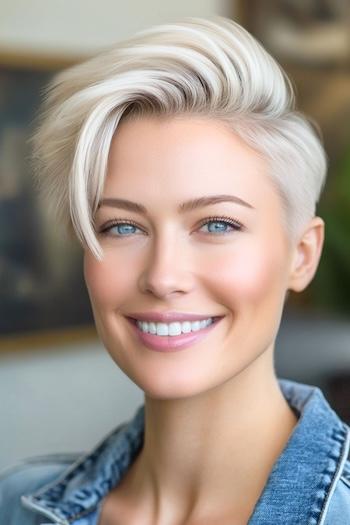 Asymmetrical Platinum Pompadour Pixie Haircut on a smiling woman with platinum hair.