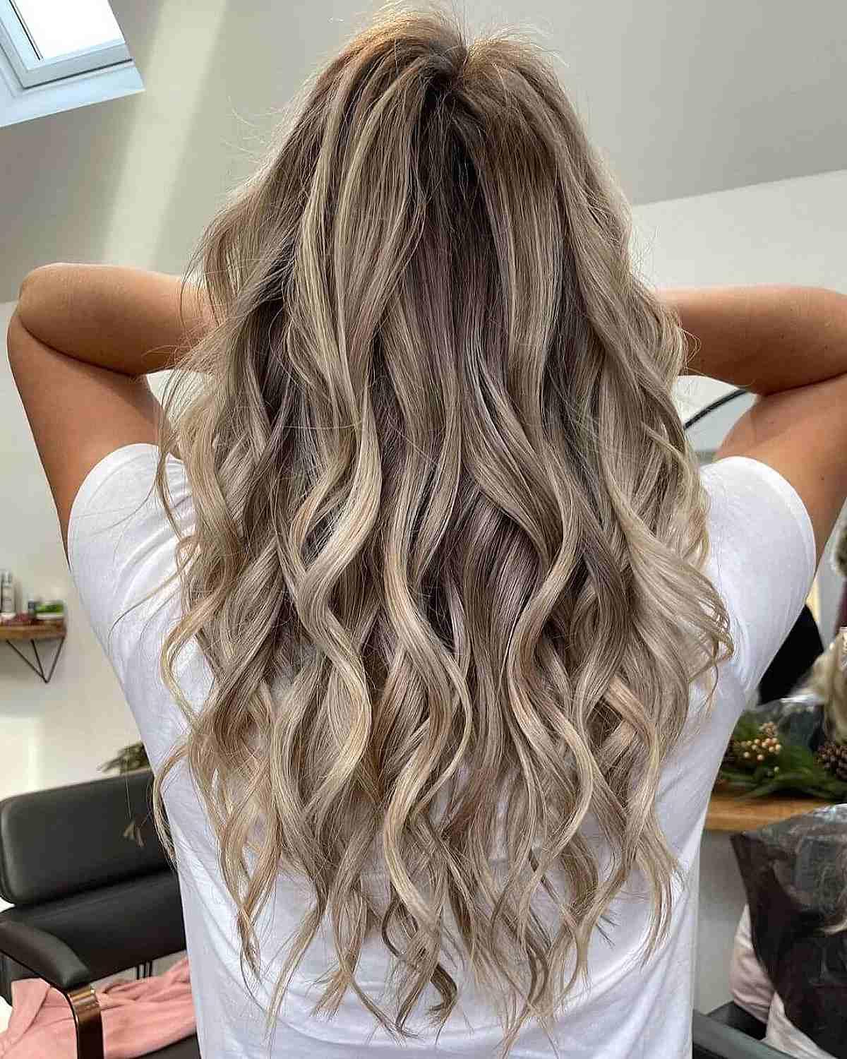 Beige Blonde Reverse Balayage with Dark Roots