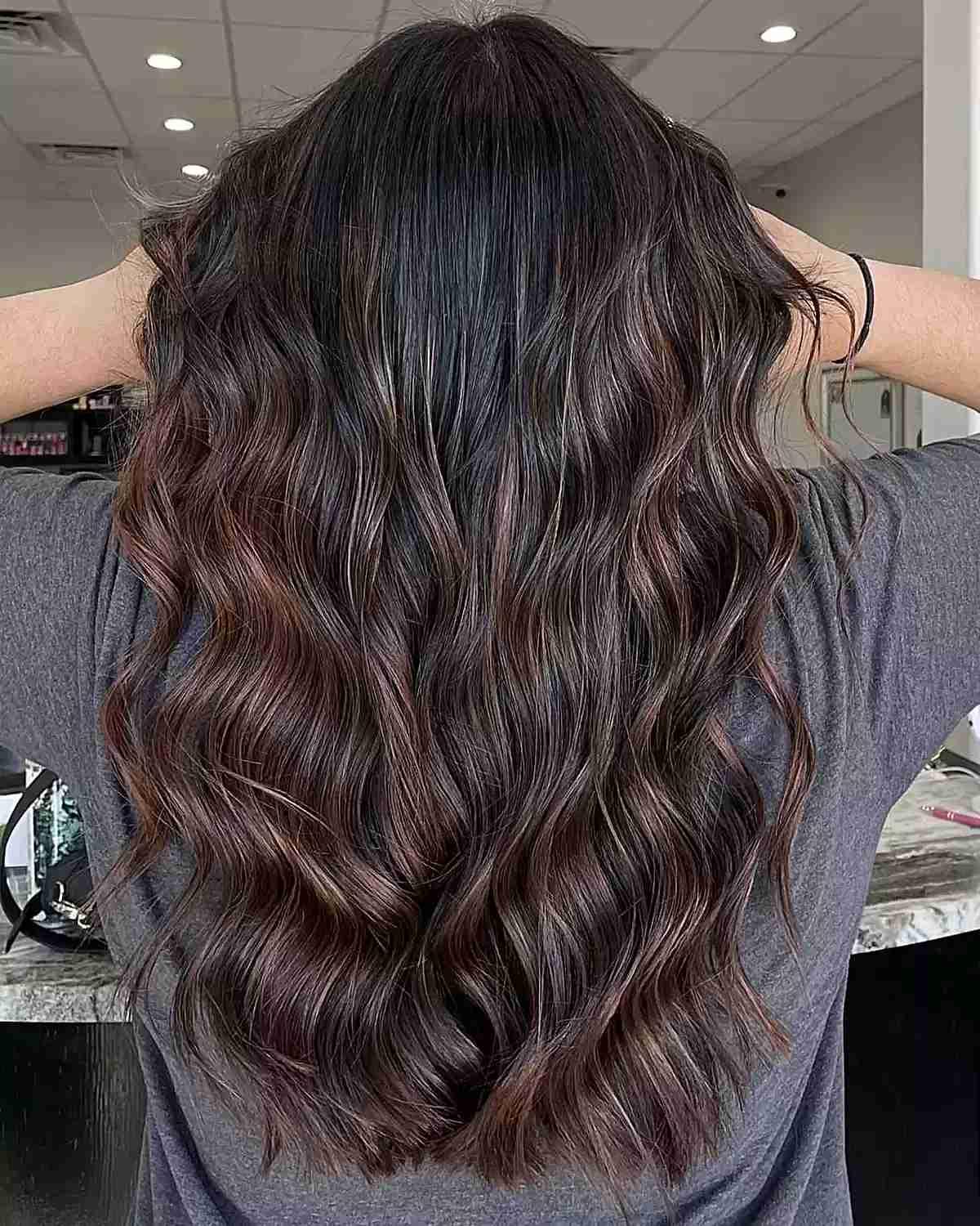 Black and Dark Chocolate Brown Balayage with Long Beach Waves