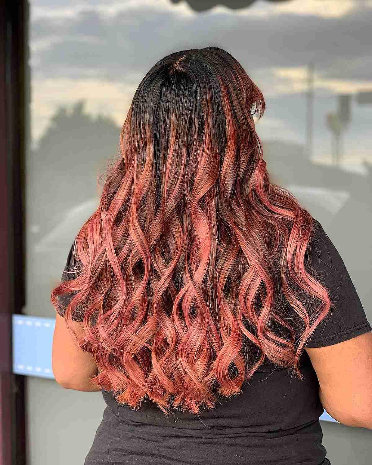 Black Hair with Rose Gold Balayage Highlights