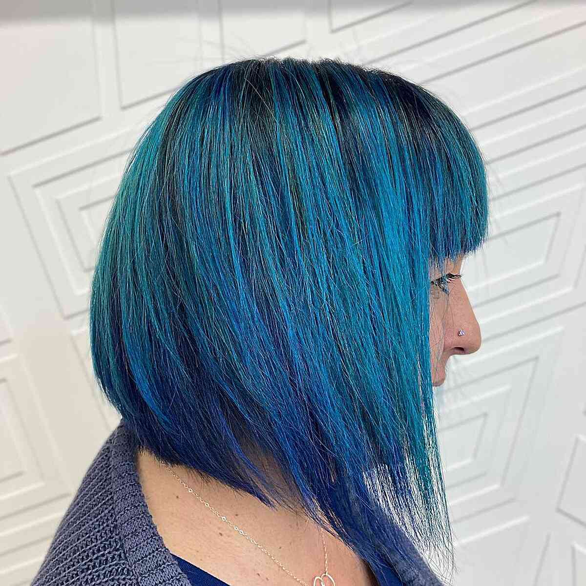 Blue-ish Teal Balayage on Short A-Line Bob with Bangs