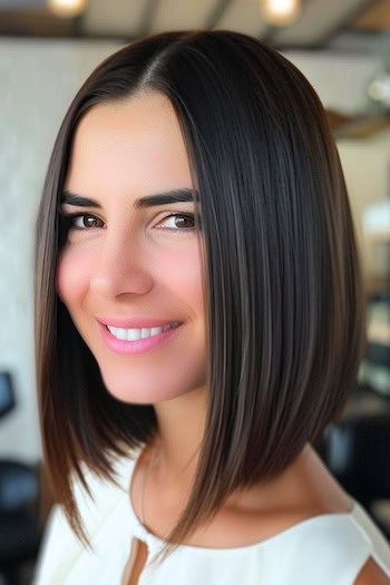 Blunt Angled Bob Haircut on a smiling woman with brown hair.