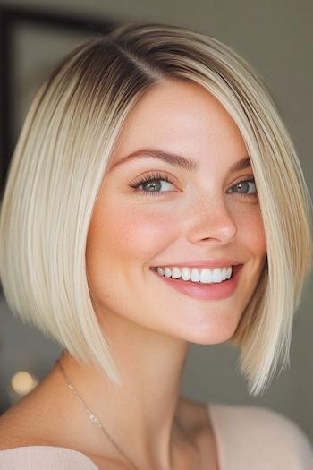 Blunt Bob with Dark Roots Haircut on a smiling young woman with blonde hair.