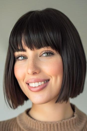 Blunt Bob with Full Bangs Haircut on a young woman with dark brown hair.