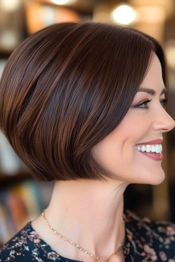 Blunt Bob with Subtle Layers Haircut on a smiling woman with brown hair, side view.