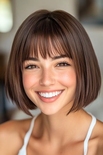 Blunt Bob with Wispy Bangs Haircut on a smiling young woman with brown hair.