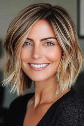 Blunt Choppy Bob Hairstyle on a smiling woman with wavy highlighted brown hair.