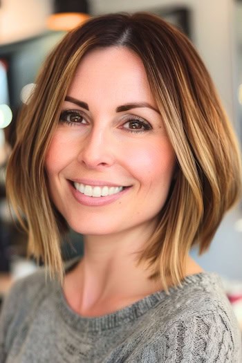 Blunt Long Bob with Soft Layers Hairstyle on a smiling woman with brown hair.