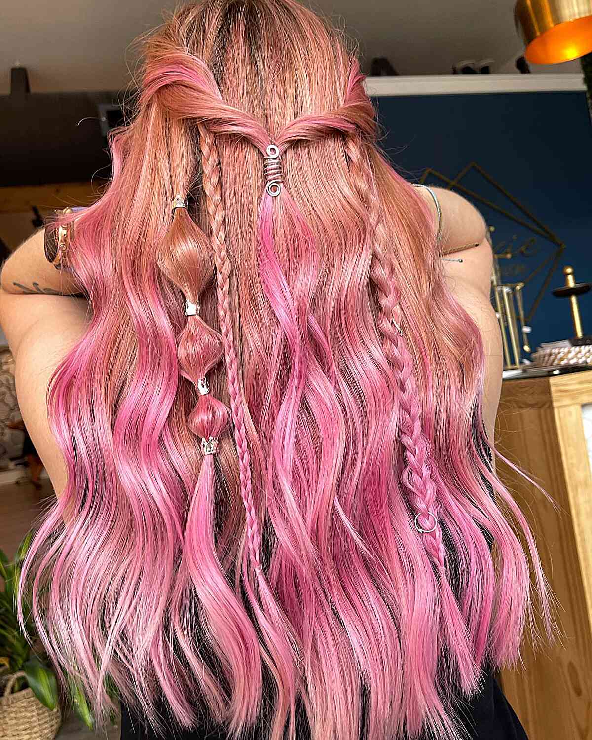 Blush-Inspired Rose Gold Balayage with intricate braids