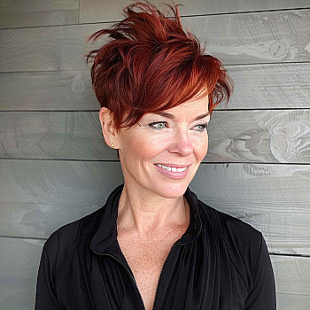 Bold red long pixie with bangs