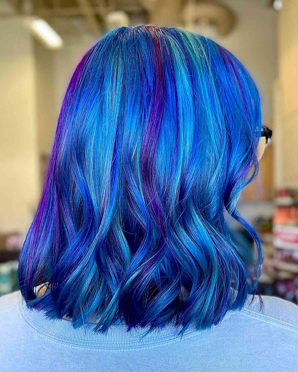 Bright Blue Balayage with Hints of Purple for Shoulder-Length Bob Hair