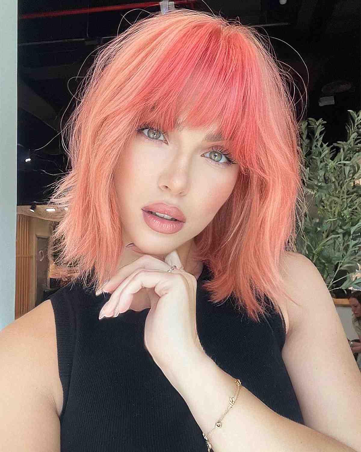 Bright Light Pink Choppy Bob with Dark Pink Fringe