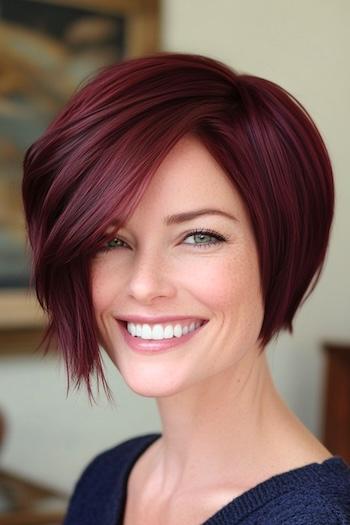 Burgundy Asymmetrical Pixie Bob Haircut on a smiling woman with burgundy hair color.